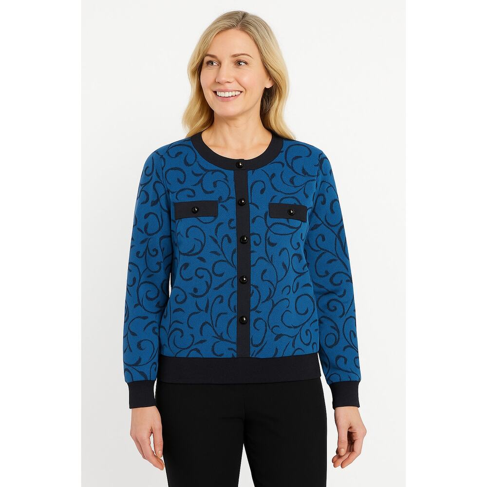 VTG Alfred Dunner Cardigan Women Petite Small Blue Scroll Print Button Front USA
